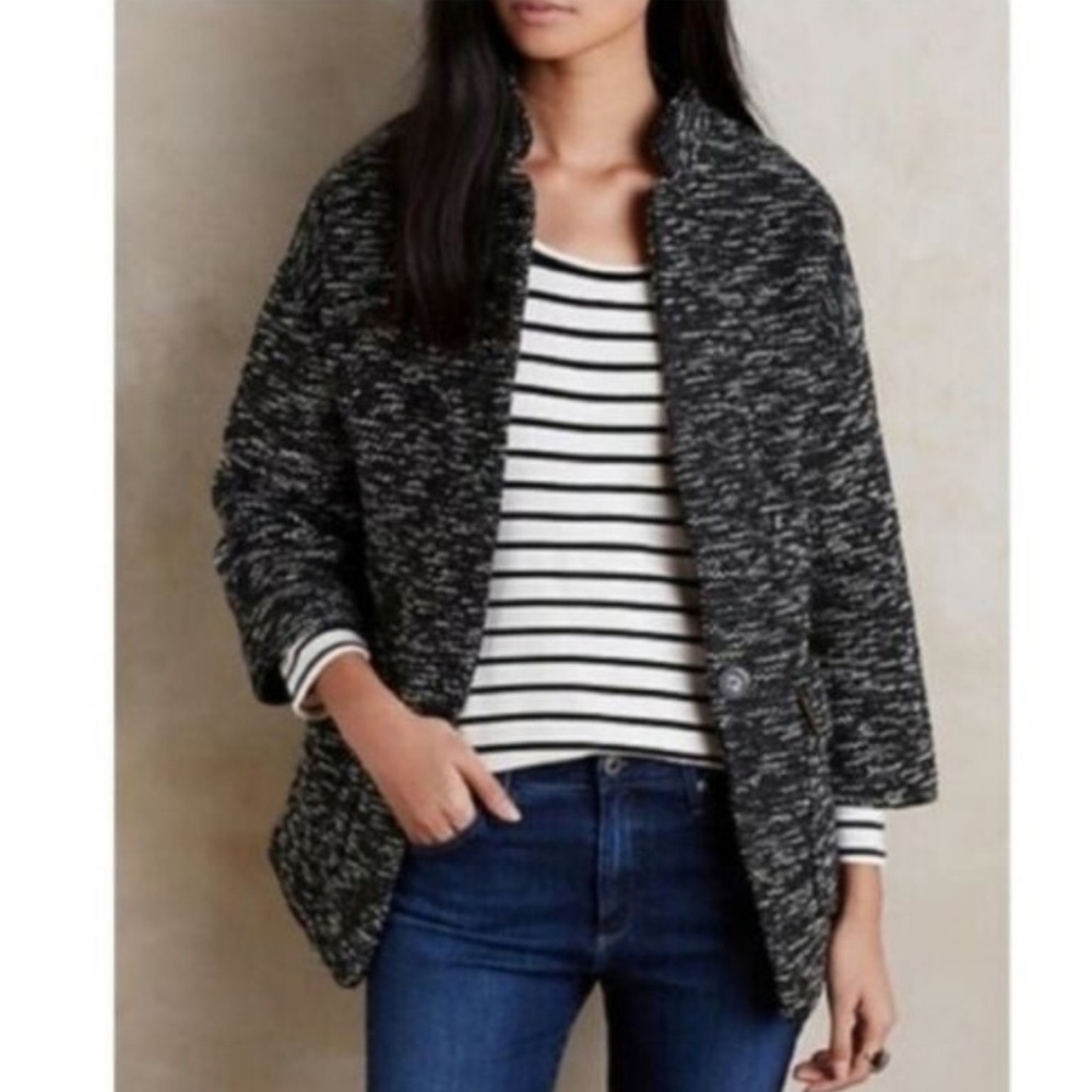 Anthro Elevenses Boucle Textured Jacket Coat Neutrals Grey Black White Charcoal